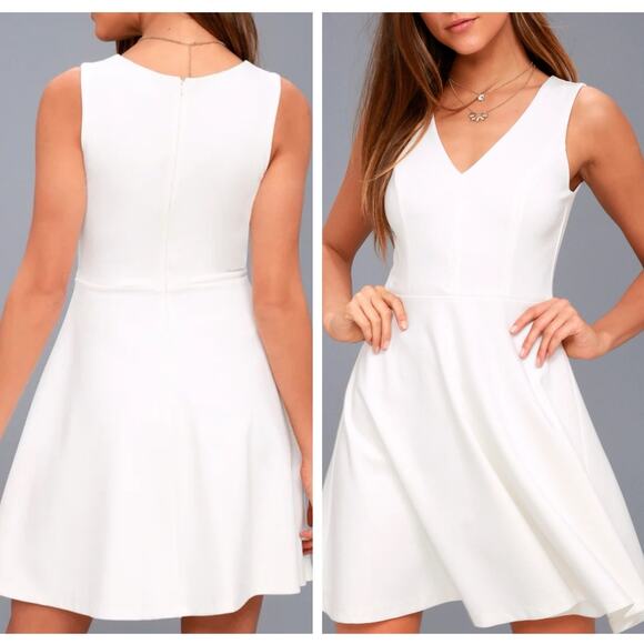 Lulus Bon Appetit Skater Dress XS White Fit & Flare A-Line V-Neck Ponte NEW Chic - Picture 4 of 10